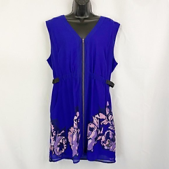 Guess Floral Sleeveless‎ Zip Up Fit & Flare Dress Blue Large - Picture 1 of 10